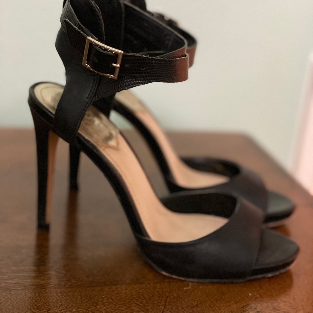 Vince Camuto Black Leather & Snake Print Stilettos